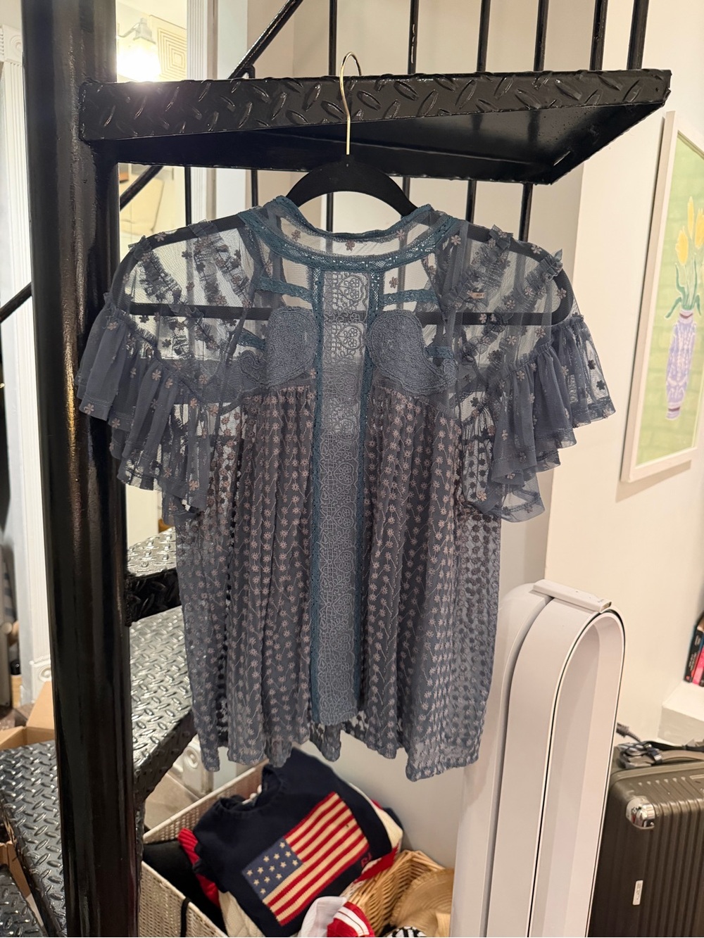 Free People Sheer Lace Ruffle Sleeve Blouse - Slate Blue